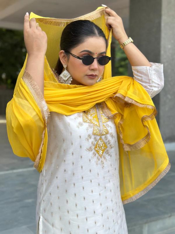 VP 9752 Y White Women Kurta and Pant Dupatta Sets Chanderi Silk Fabrics with Embroidery